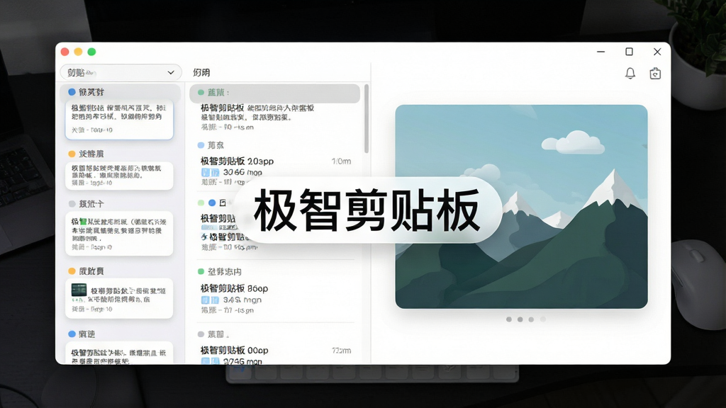 画面主体为极智剪贴板软件在深色电脑桌面上的运行界面悬浮窗,界面布局清晰展示历史剪贴记录列表。画面左侧是分类整齐的文字片段缩略图,右侧醒目位置展示一个被放大的图片素材预览。整体排版采用左右结构,风格为现代扁平化UI设计,细节上突出卡片式样式的圆润边缘与柔和阴影,画质高清干净,无多余元素,屏幕中央悬浮显示“极智剪贴板”字样