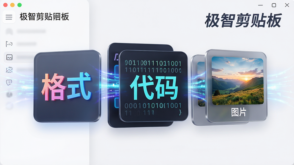 主视觉为极智剪贴板软件界面,主体展示一个被拆解的多层信息卡片,卡片中分别包含带有颜色样式的文字“格式”、二进制代码“代码”以及风景图片“图片”。布局采用从左至右的流式排列,风格为科技感十足的3D质感图标,细节上突出数据流动的光效,画质清晰明亮,背景干净无多余修饰,配以文字“极智剪贴板”
