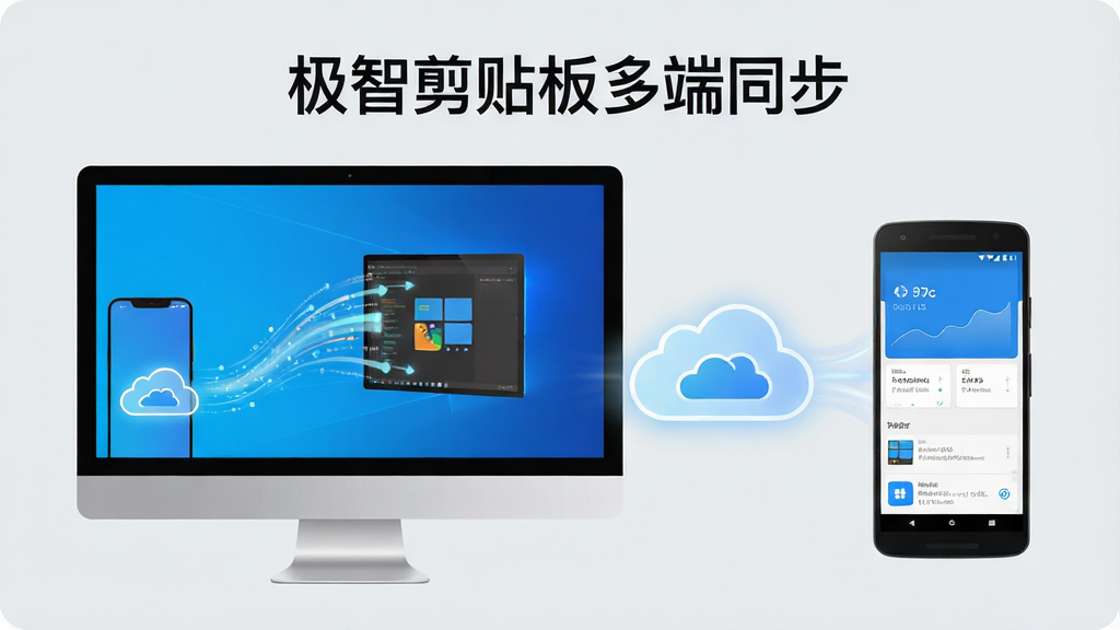 电脑端与手机端并排展示极智剪贴板同步界面的场景,画面左侧是Windows电脑屏幕,右侧是Android手机屏幕,两块屏幕通过发光的云朵图标连接。布局为对称式构图,风格为简约科技插画风,细节上突出数据流从手机飞向电脑的动态效果,画质清晰,背景浅灰色,干净无多余元素,图片上方标注“极智剪贴板多端同步”