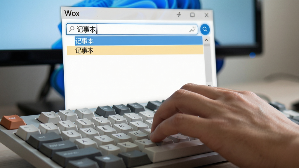 Wox 快速启动功能展示图,主体为键盘敲击特写,屏幕显示 Wox 搜索框输入“记事本”并高亮匹配项,布局为键盘在前屏幕在后,风格写实,细节体现输入即出结果的流畅感,画质清晰,干净,无多余元素
