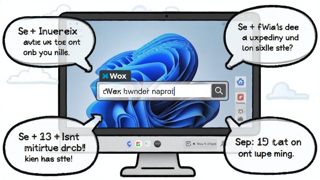 Wox 使用教学场景图,主体为电脑屏幕显示 Wox 搜索框并输入命令,旁边有操作说明文字气泡,布局为屏幕居中周围有标注箭头,风格卡通简洁,细节体现步骤清晰,画质干净,无多余元素