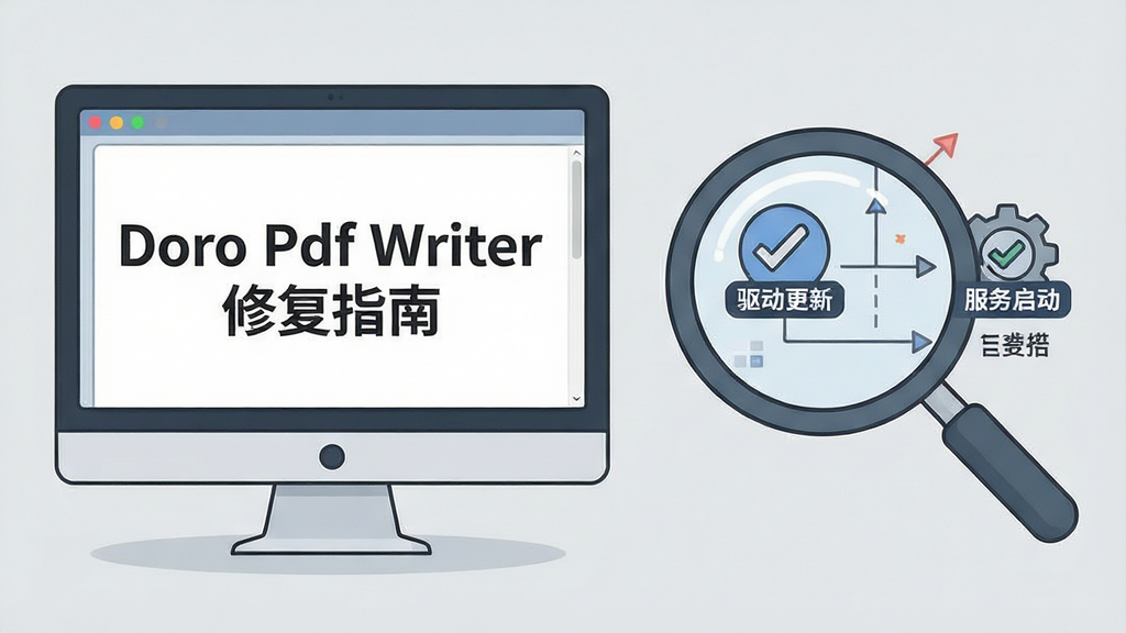主体:一个电脑屏幕显示错误修复教程页面,旁边有放大镜查找图表。布局:左侧为屏幕,右侧为图表。排版:屏幕中有“Doro Pdf Writer 修复指南”字样。风格:简洁插画风,背景浅灰。细节:图表中显示“驱动更新”和“服务启动”。画质:高清干净,无多余元素