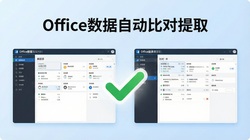 主视觉展示Office数据自动比对提取软件界面,左侧为数据源区域,右侧为比对结果预览,中间有醒目的绿色对勾图标,整体风格商务简洁,明亮干净,标题文字