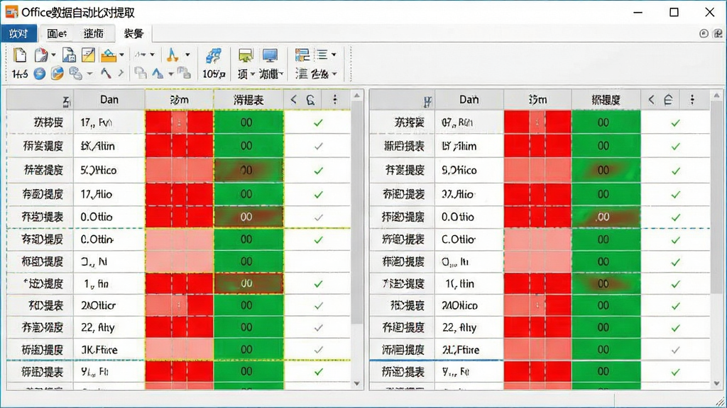 特写Office数据自动比对提取的双表比对界面,左右两表数据用红绿颜色高亮差异,顶部工具栏清晰,软件名称
