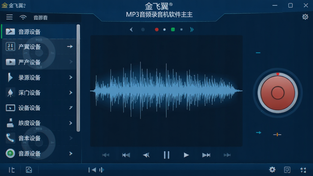 一张金飞翼MP3音频录音机软件主界面截图,整体采用深蓝色科技感主题,左侧为音源设备列表,右侧是醒目的圆形红色录音按钮,中央波形图实时跳动,界面布局整洁清晰,画质干净,无多余元素。