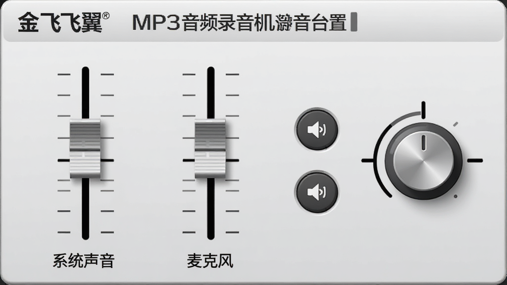 金飞翼MP3音频录音机混音台设置界面,两个音量推子分别标注“系统声音”和“麦克风”,旁边有静音按钮和立体声平衡旋钮,背景为浅灰色调,界面元素排列整齐,画质干净。