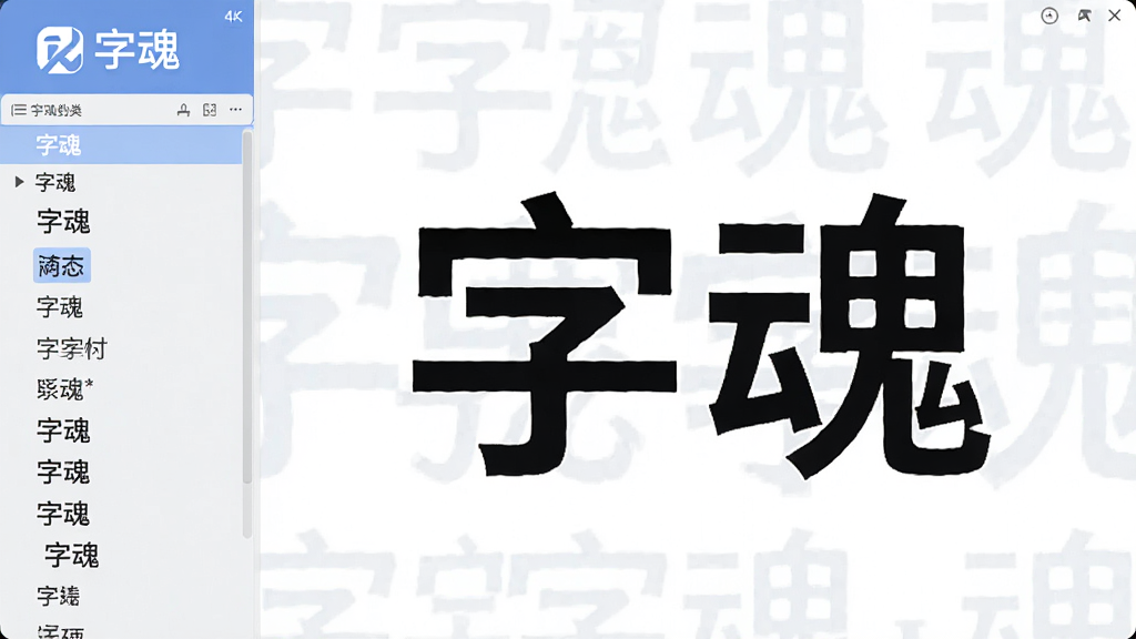 字魂软件主界面预览图,展示左侧字体分类列表与右侧大尺寸字体预览区域,包含“字魂”品牌Logo,布局清晰,现代扁平化设计风格,色彩柔和以蓝白为主,细节丰富,画面干净无多余元素,4K画质