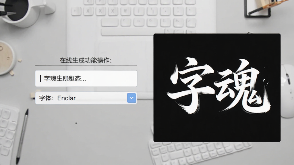 字魂在线生成功能操作界面,中央有文字输入框与字体选择下拉菜单,右侧展示生成的艺术字效果,包含“字魂”字样,背景为浅灰色工作台,布局简洁,强调功能实用性,界面干净,画质清晰