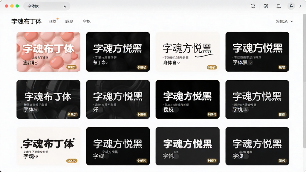 字魂软件字体库浏览界面,展示多款不同风格的中文字体预览,如“字魂布丁体”、“字魂方悦黑”,每个字体卡片标注名称与授权标识,网格布局,界面整洁,现代网页风格,色彩明亮,细节清晰,画质干净