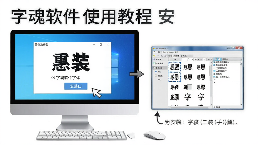 字魂软件使用教程插图,展示在Windows电脑上安装字体的步骤,包括点击安装按钮和系统字体目录窗口,配以文字说明,风格简洁,指导性强,画面干净,细节清晰