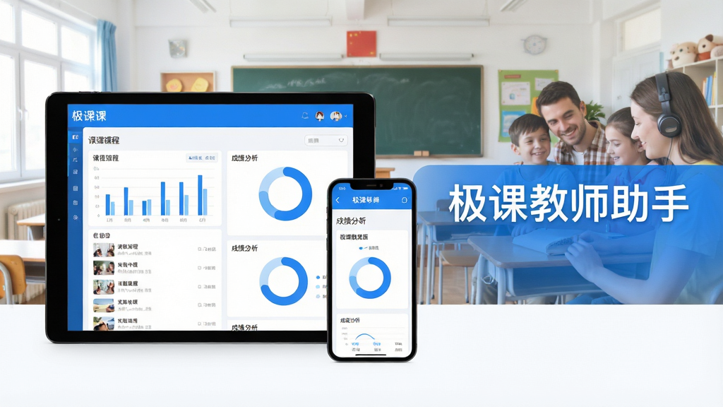 极课软件主视觉图,主体为极课APP界面在平板电脑与手机上的多屏互动展示,界面清晰呈现课程列表与成绩分析图表,背景为明亮的教室与家庭学习场景融合,布局采用左右平衡式,左侧为设备展示,右侧为功能说明文字“极课教师助手”,排版简洁,现代扁平化风格,色彩以蓝白为主,强调科技感与教育氛围,细节包括屏幕中的柱状图和环形图,画质高清,干净,无多余元素