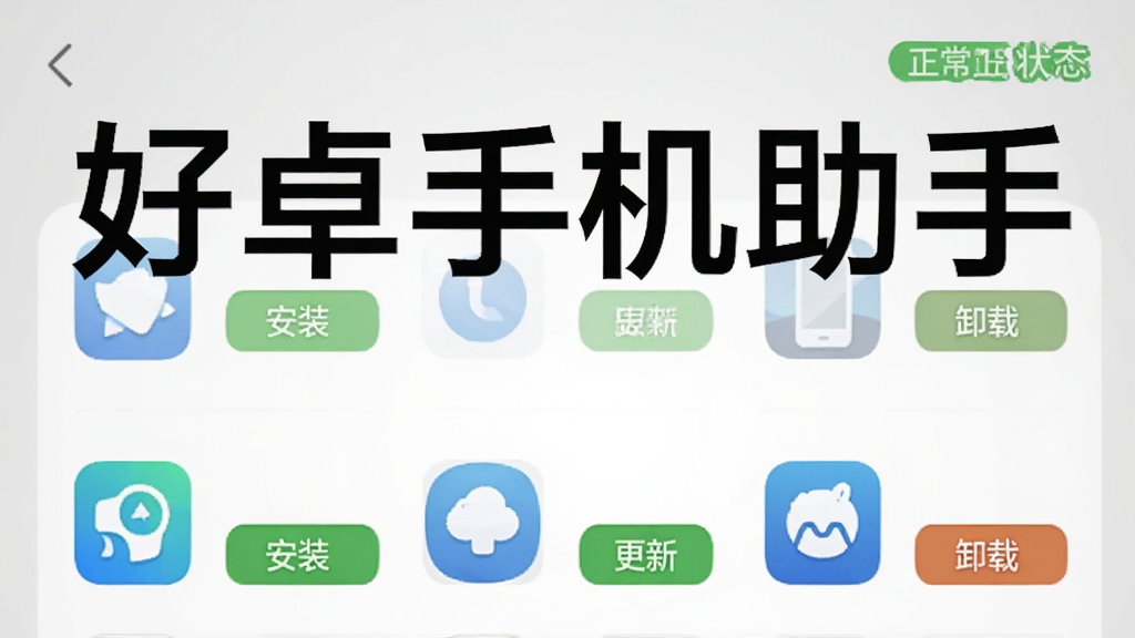 好卓手机助手应用管理界面示意图,展示应用列表图标排列,每个应用旁有安装、更新、卸载按钮,手机连接状态显示正常,背景为浅灰色渐变,突出“好卓手机助手”品牌名称,画质清晰干净