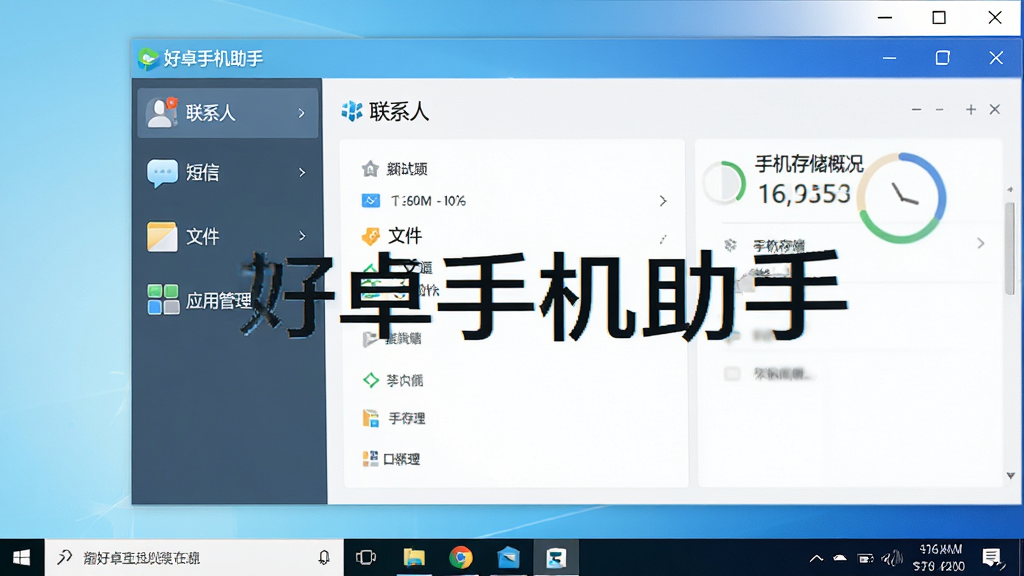 一张展示好卓手机助手主界面的高清截图,界面布局清晰,左侧功能列表包含联系人、短信、文件、应用管理等,右侧显示手机存储概况,整体风格简洁明亮,Windows电脑屏幕背景为淡蓝色渐变,突出“好卓手机助手”软件名称,画质干净无多余元素