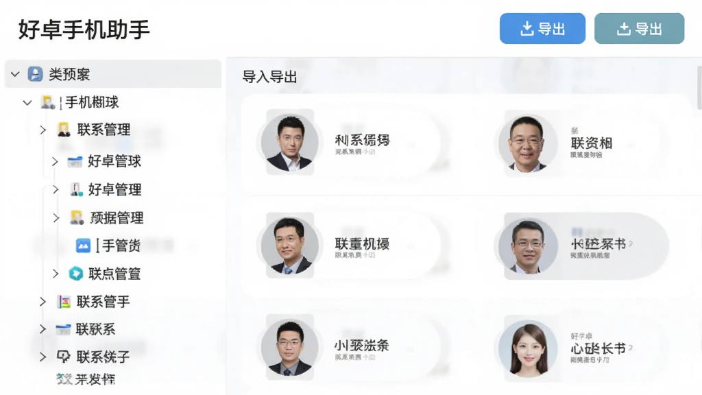 好卓手机助手数据管理功能预览图,左侧为分类树形目录,右侧列表展示联系人名片,顶部有导入导出按钮,整体采用浅色商务风格,图片标注“好卓手机助手”字样,排版整齐干净