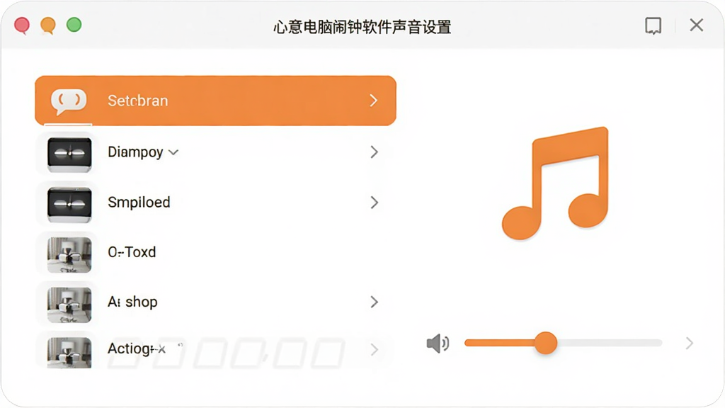 心意电脑闹钟软件的声音设置界面,展示铃声列表和音量滑动条,旁边有音乐符号图标,界面以白色为底、橙色点缀,整体简洁大方,高清渲染,无多余元素。