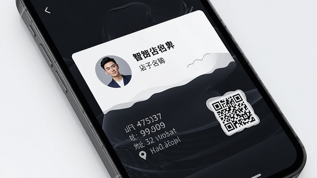 铺小智智能名片功能展示图,主体为手机界面展示一张精美的电子名片,布局包含商家头像、店铺名称、电话、地址和二维码,名片设计风格现代简约,细节清晰,画质高清干净,无多余元素
