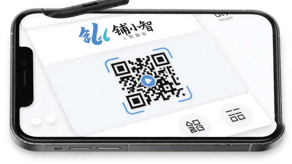铺小智软件主界面预览图,主体为手机屏幕展示铺小智的智能名片功能,布局清晰,上方显示店铺名称与logo,中间是动态二维码,底部为功能菜单按钮,风格简约商务,细节圆润,画质高清干净,无多余元素