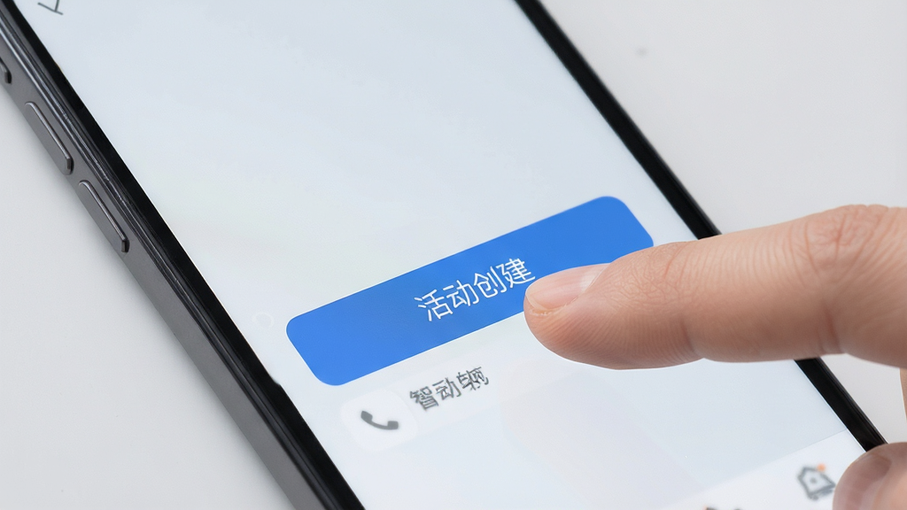 铺小智手机操作界面图,主体为手指点击屏幕中的活动创建按钮,布局简洁,背景为淡灰色,风格写实,细节清晰,画质高清,干净无多余元素
