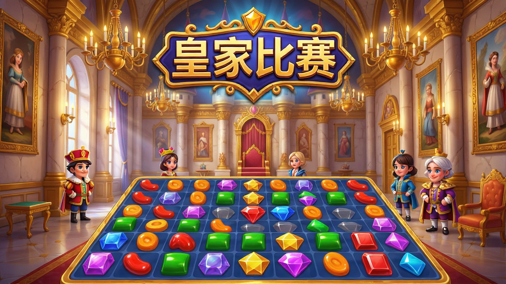 主体:游戏主界面,金碧辉煌的皇家城堡大厅,前景是色彩鲜艳的消除方块棋盘。布局:居中构图,城堡作为远景背景,清晰展示游戏名称“皇家比赛”的华丽LOGO位于顶部,下方是正在进行的消除游戏界面。排版:层次分明,突出游戏场景的宏大与消除玩法的核心。风格:欧美卡通,精致细腻,色彩明亮,光影效果华丽。细节:棋盘上的糖果、宝石等元素光泽剔透,城堡内部有吊灯、壁画等装饰,人物角色身着皇家服饰。画质:4K高清,渲染细腻,干净无多余元素。