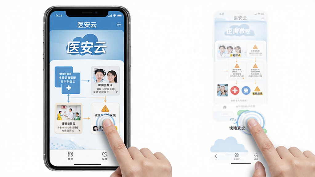 医安云使用教程步骤图,手机操作界面与手指点击动作,屏幕显示“医安云”主页面,布局流程清晰,风格写实,细节突出安全提示,画质高,干净无多余元素