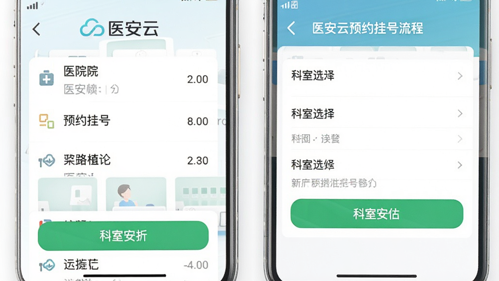 医安云预约挂号流程截图,展示医院列表与科室选择,包含“医安云”logo,布局符合移动端习惯,风格明亮简洁,细节有绿色按钮,画质清晰,干净无多余元素