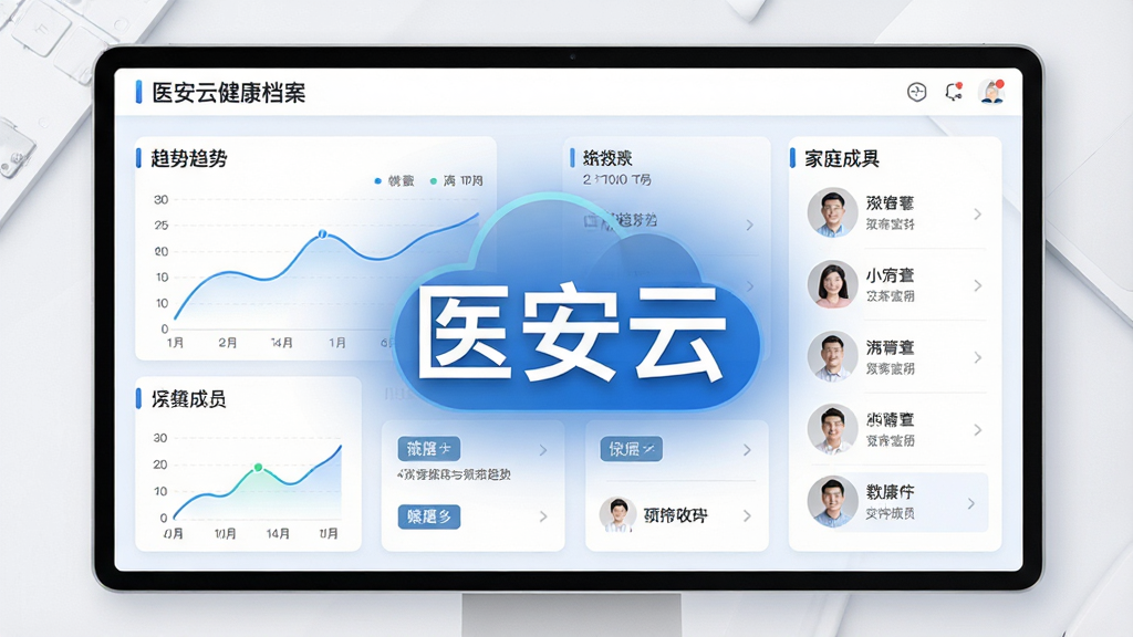 医安云健康档案页面,展示数据图表与家庭成员列表,屏幕中央写有“医安云”字样,布局清晰,风格简约商务,细节包括趋势曲线、标签卡片,画质高,干净无多余元素