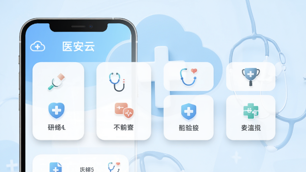 医安云APP主界面预览,展示清晰的功能模块布局,背景为浅蓝色医疗风格,主体为智能手机屏幕,屏幕内显示“医安云”字样及各项医疗图标,排版整洁,风格现代简约,细节包括圆角卡片、柔和阴影,画质高清,干净无多余元素