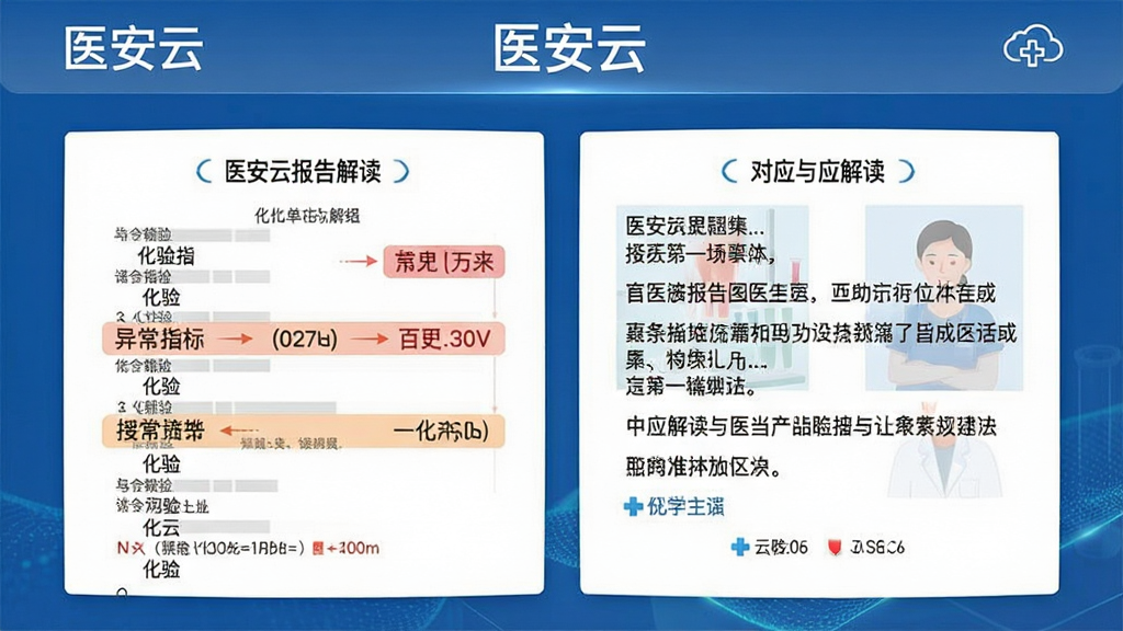 医安云报告解读界面,展示化验单与对应解读文字,页面顶部有“医安云”字样,排版清晰,风格专业,细节强调异常指标,画质锐利,干净无多余元素