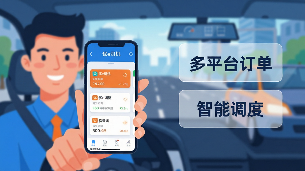 主体:一位司机手持手机,屏幕显示“优e司机”应用界面,界面清晰可见多个网约车平台订单卡片正在滚动。布局:司机位于画面左侧三分之一处,手机屏幕朝向镜头,右侧留白区域以半透明信息框展示“多平台订单”、“智能调度”等字样。排版:画面简洁,主体突出,文字信息与司机视觉焦点形成呼应。风格:现代科技感插画,扁平化设计,色彩明快,以蓝色和橙色为主色调。细节:手机屏幕上的应用图标与名称“优e司机”清晰可读,司机面带微笑,背景为模糊的城市道路。画质:4K高清,干净,无多余元素。