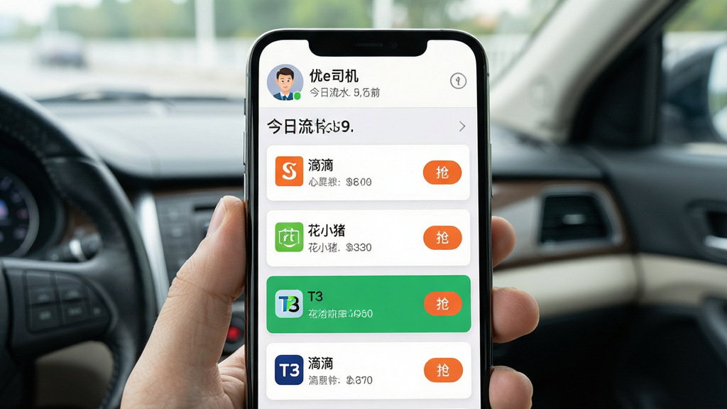 主体:智能手机屏幕特写,显示“优e司机”聚合订单列表界面,列表中有来自不同平台的订单卡片,分别标注有“滴滴”、“花小猪”、“T3”等平台标签。布局:手机位于画面中央,屏幕内容占据主要篇幅,背景为简洁的驾驶室环境。排版:界面列表清晰,不同平台订单以不同颜色标签区分,视觉信息明确。风格:写实风格截图展示,UI设计清晰,光影自然。细节:顶部显示司机头像与今日流水,每个订单卡片上均有“抢”按钮,突出多平台同时响应的特点。画质:高清细腻,干净,无多余元素。