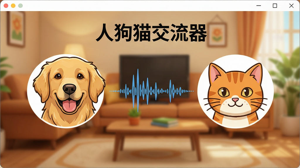 一张展示人狗猫交流器软件主界面的高清截图,界面包含一只金毛犬和一只橘猫的卡通头像,中间有语音波形动画,背景为温馨的客厅,文字标注