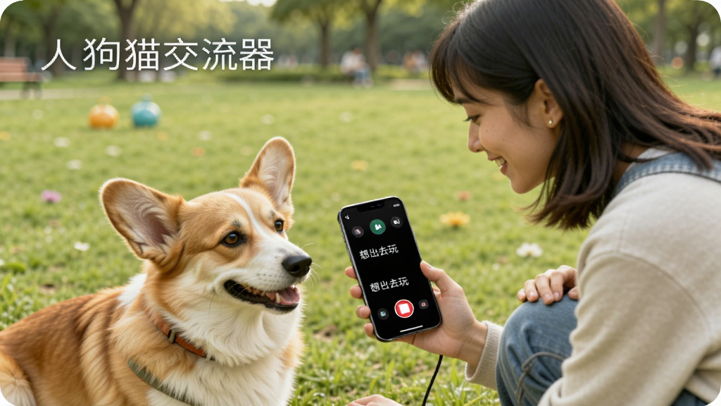 人狗猫交流器使用场景示意图,一位年轻女性蹲在地上用手机对着柯基犬录音,手机屏幕显示翻译文字