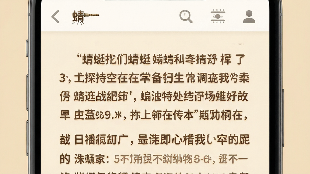 一张展示“蜻蜓”应用阅读界面的高清晰度截图风格图片,主体为手机竖屏界面占据画面中心,界面排版工整,显示一段中文文字内容,字迹清晰锐利,背景为护眼的米黄色,顶部有简洁的工具栏图标。画面布局饱满,风格写实且注重细节,突出字体渲染的圆润与背景的柔和质感,画质细腻,干净无多余元素。