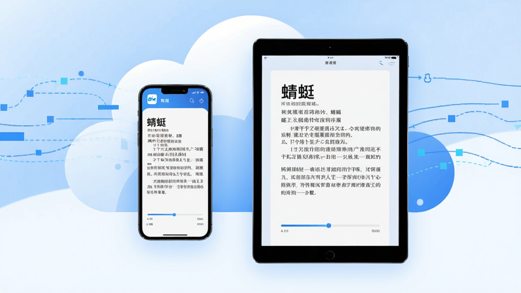 一幅概念宣传图,主体为“蜻蜓”应用在手机与平板设备上同步使用的场景,两块屏幕悬浮排列,显示相同的书籍页面与进度条,背景以抽象的云朵与数据流线条勾勒,象征云端同步。画面布局平衡,风格现代简洁,色彩以蓝色和白色为主,强调多设备之间的无缝切换与离线下载功能,画质干净,无多余元素。