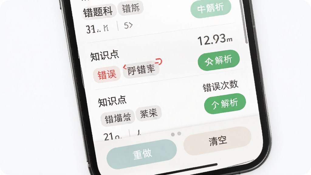 主管护师牛题库智能错题本功能截图,主体为手机竖屏界面,列表展示错题科目、知识点标签与错误次数,底部有重做与清空按钮,布局简约,风格柔和,细节有红色错误标记与绿色解析按钮,画质高,干净无多余背景。