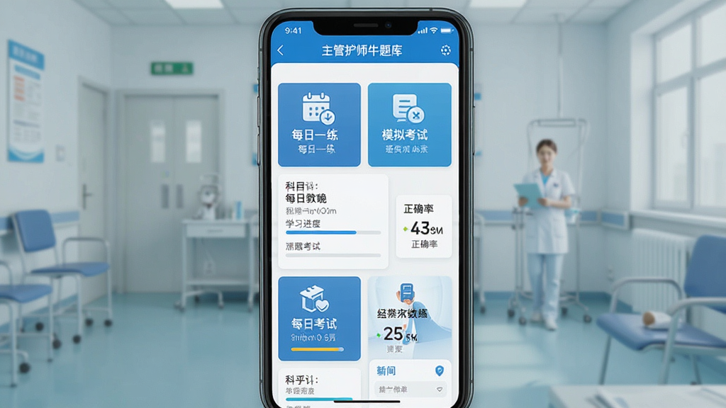 一张展示主管护师牛题库软件界面全貌的高清手机截图,主体为题库首页,包含科目列表、每日一练、模拟考试等核心功能卡片,布局清晰,排版精致,整体风格为蓝白配色医疗教育风,细节上显示学习进度条与正确率数据,画质细腻干净,无多余元素。