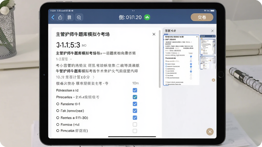 展示主管护师牛题库模拟考场功能的预览图,主体为平板电脑上正在答题的界面,左侧是题目区,右侧是答题卡缩略图,顶部有倒计时与交卷按钮,布局专业,风格清爽,细节呈现真实考题内容与选项勾选状态,画质清晰,干净无杂质。