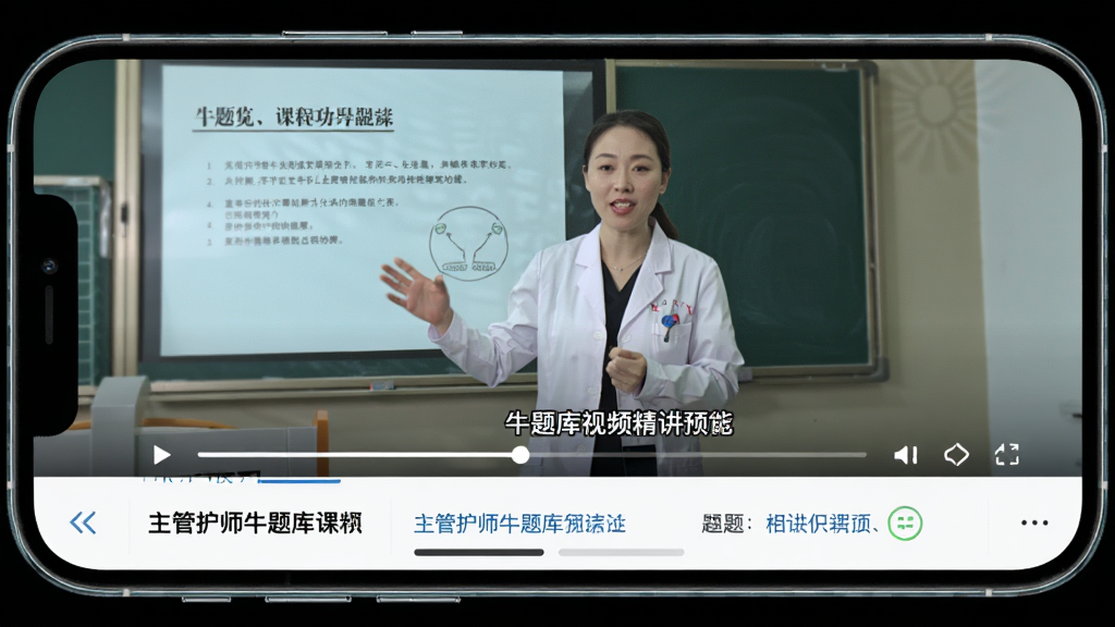 主管护师牛题库视频精讲功能预览,主体为手机横屏播放课程视频画面,讲师在课件前讲解,视频下方有章节标题与相关题目链接,布局和谐,风格专业,细节有播放进度条与清晰字幕,画质优秀,无多余元素。