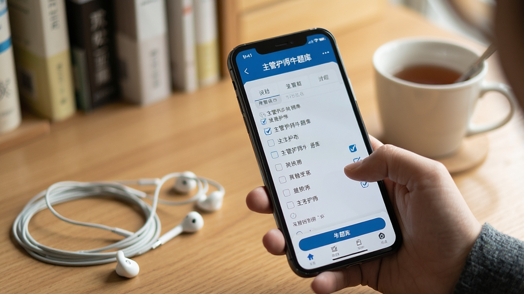 展示用户正在手机上使用主管护师牛题库刷题的场景,主体为一只手握着手机,屏幕显示题目界面与勾选答案,背景为模糊的书桌,布局自然,风格生活化,细节有耳机线与茶杯,画质清晰,干净无扰乱元素。
