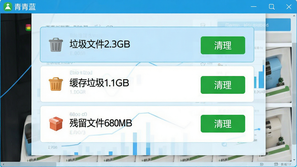 青青蓝软件界面中显示扫描结果的预览图,画面中清晰展示“垃圾文件2.3GB”、“缓存垃圾1.1GB”、“残留文件680MB”等分类条目,每个条目右侧配有绿色的“清理”按钮。整体界面为浅蓝色调,数据可视化图表简洁明快,画质高清,无多余元素。