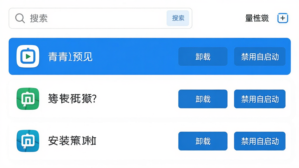 青青蓝应用管理页面预览图,页面以列表形式展示手机内已安装的应用,每个应用条目右侧有“卸载”和“禁用自启动”选项。顶部有搜索框和批量选择工具,整体界面简洁直观,白色背景搭配蓝色高亮按钮,画质清晰。