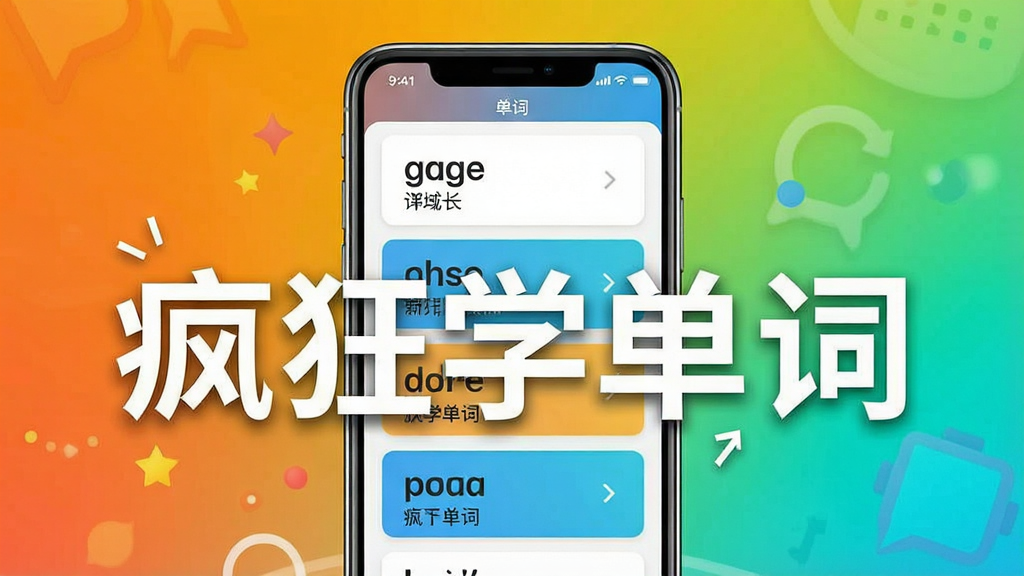 一张展示疯狂学单词软件主界面的高清宣传图,画面中央是一部智能手机,屏幕中显示单词卡片列表,卡片上有英文单词和中文释义,背景是明亮的渐变色,整体风格简洁现代,突出学习氛围,画质干净,无多余元素,文字标注
