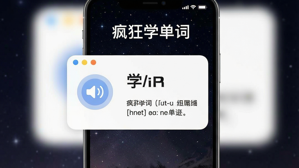 一张展示疯狂学单词锁屏学习功能的手机截图,屏幕中央显示一个单词卡片,带有发音按钮和例句,背景为暗色星空风格,文字标注