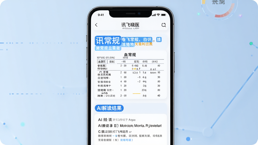 画面主体为“讯飞晓医”APP的报告解读页面,展示一张血常规报告单,上方文字被高亮标注,下方显示AI解读结果。布局采用手机界面截图样式,背景为白色与浅蓝色渐变。排版整齐,风格科技感,细节丰富,画质清晰,干净无多余元素。