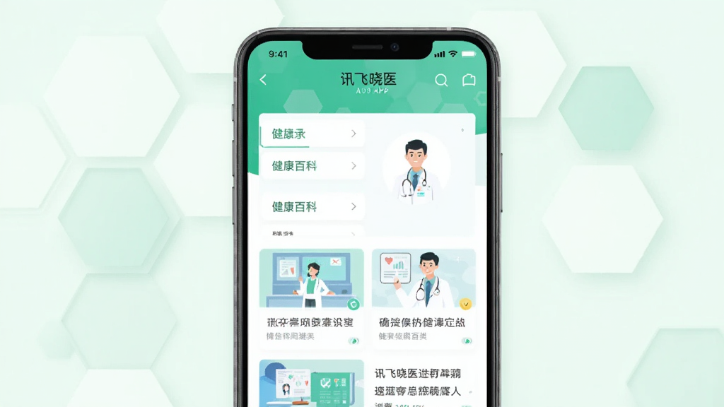 画面主体为“讯飞晓医”APP的健康百科页面,展示分类目录和几篇文章缩略图,配以医生插画。布局采用手机屏幕展示,背景为浅绿色六边形装饰。排版简洁,风格清新,细节丰富,画质干净,无多余元素。