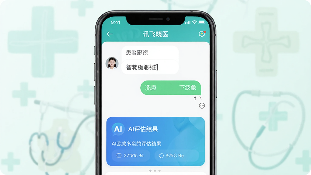 画面主体为“讯飞晓医”APP的智能问诊界面,手机屏幕放大展示,上面有患者输入症状的对话框,下方AI生成评估结果卡片。布局采用手机模型居中,背景为淡绿色医疗十字图案。排版图文结合,风格写实,细节清晰,画质高清,干净无多余元素。