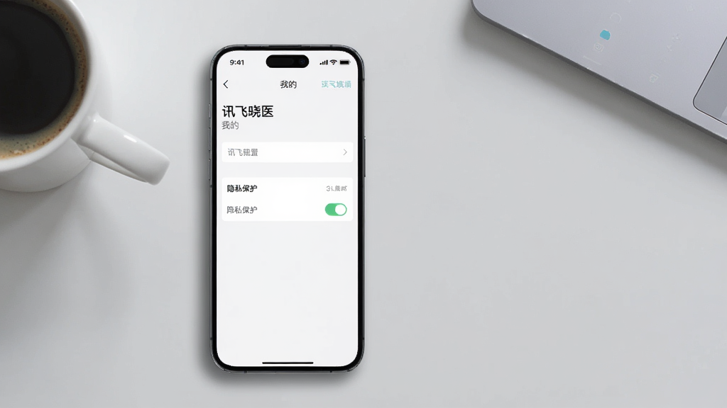 画面主体为一部智能手机,屏幕显示“讯飞晓医”的“我的”设置页面,有隐私保护开关。背景为浅灰色工作台,旁边放着一杯咖啡。布局采用手机居中,右侧留白,排版简洁,风格写实,细节清晰,画质干净,无多余元素。