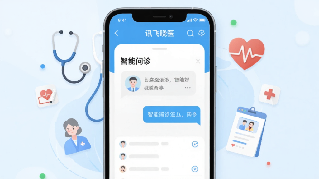 画面主体为“讯飞晓医”APP界面,悬浮在干净明亮的浅蓝色背景中央,界面显示“智能问诊”对话框,旁边有听诊器、心电图等医疗图标环绕。布局采用居中对称,排版简洁大气。风格为现代扁平插画,细节丰富,色彩柔和,画质高清,干净无多余元素。