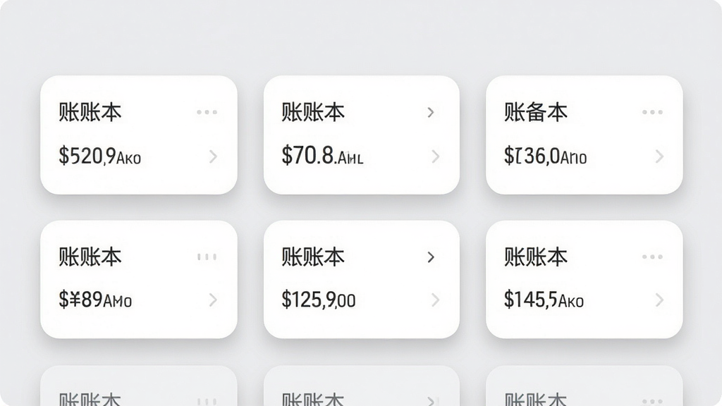 极简记账多账本管理界面,展示多个账本卡片,每个卡片显示账本名称和余额,背景为浅灰色,卡片有圆角阴影,风格简洁明快,无多余元素,画质干净,无多余元素
