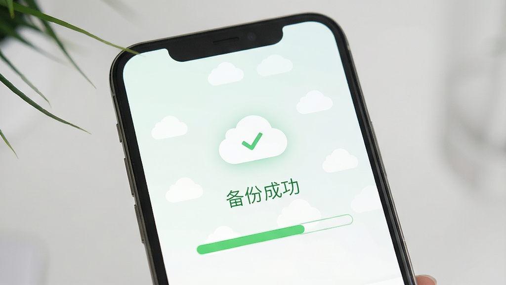 极简记账数据备份界面,手机屏幕上显示“备份成功”的提示,背景有云朵图标和进度条,整体色调为绿色和白色,象征安全可靠,无多余元素,画质干净,无多余元素